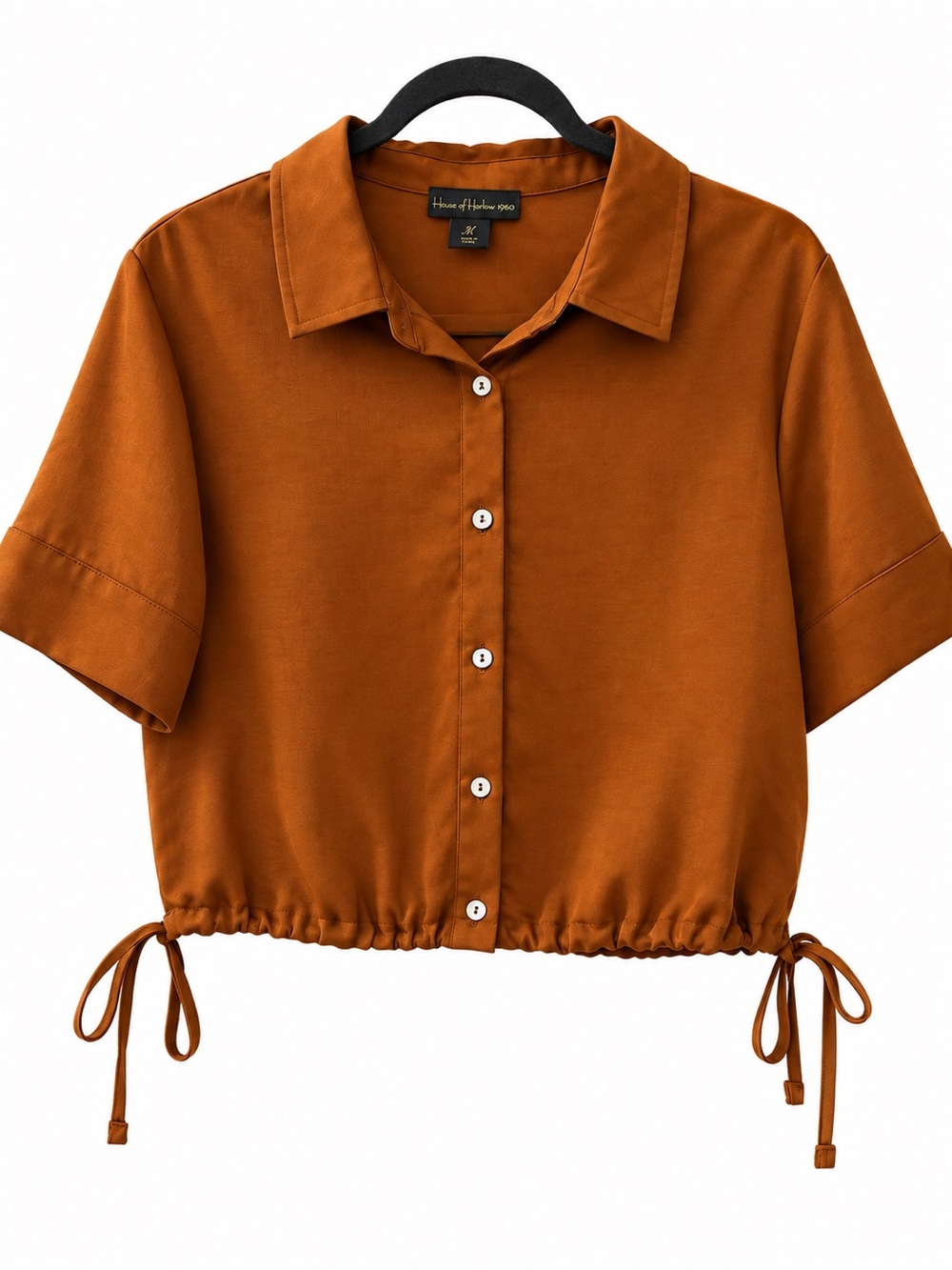 House of Harlow 1960 Rust Orange Satin Cropped Button-Up Top – Size Large